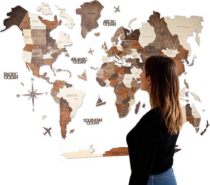 Handmade 3D Wood World Map Wall Art Large Wall Decor Track Your World Travels - Special for Home, Kitchen and Office (Medium, Multicolor)