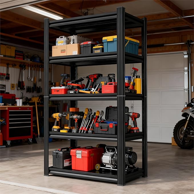 Storage Shelves, Garage Metal Shelving Unit, Adjustable, Double-Layer Column with Reinforced Ribs, Heavy-Duty, Capable of Bearing 3000 lbs, Suitable for Garage, Warehouse, Kitchen Storage