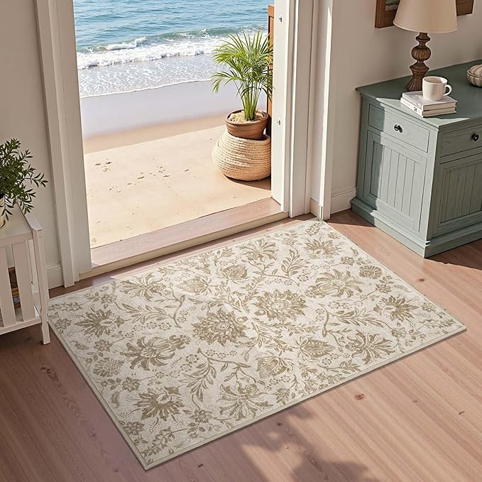 jinchan Torino 2x3 Washable Rugs for Entryway, Vintage-Inspired Floral Neutral Design Non-Slip Low-Pile Doormat, Ultra-Thin Indoor Traditional Accent Carpet for Entrance Bathroom Bedroom, Taupe