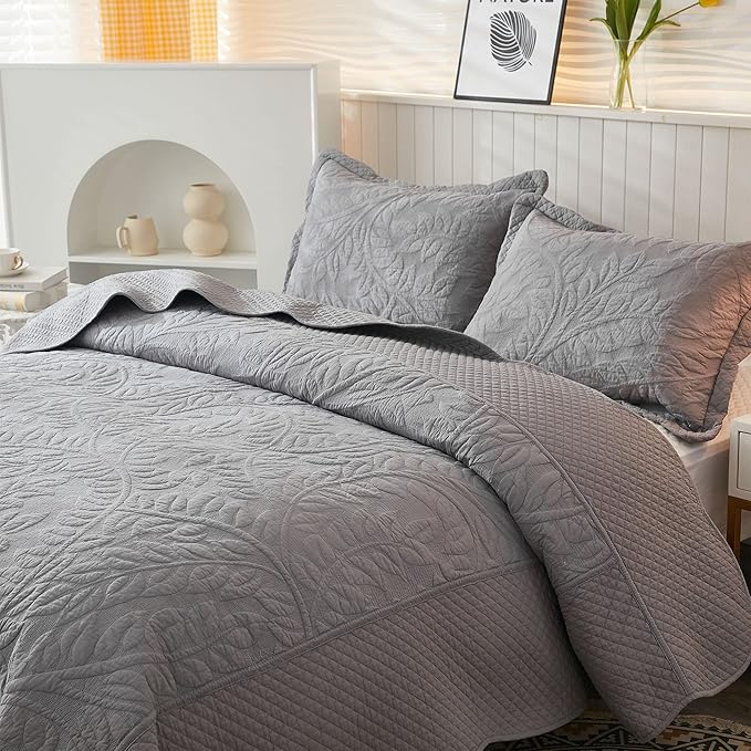 MarCielo 3-Piece 100% Cotton Oversized Bedspread Lightweight Quilt Coverlet Embroidery Farmhouse Bedding Set T0 (Light Grey, Oversized Queen (100"x106"))