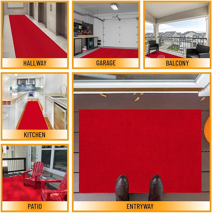 Ottomanson 2' x 42' Hallway Runner with Scraper Pile - Extra Durable Non-Slip Rug Mat for Indoor & Outdoor Use - Ideal for Kitchen, Entryway, Patio & Garage - High-Traffic Carpet, Red
