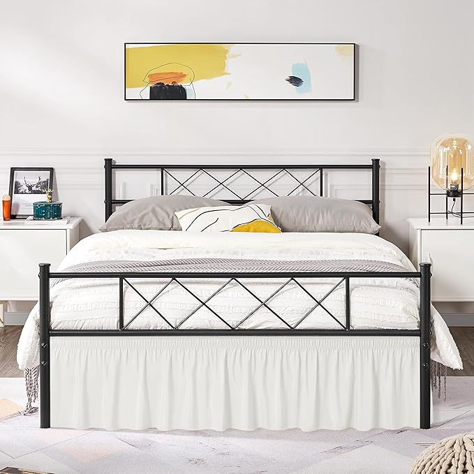 Biscaynebay Wrap Around Bed Skirts with Split Corners for Queen Beds 14" Drop, Ivory Elastic Dust Ruffles Adjustable Easy Fit Wrinkle & Fade Resistant Silky Luxurious Fabric Machine Washable