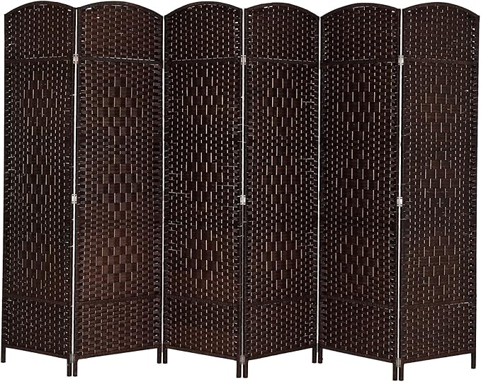 VINGLI 6-Panels Tall Rattan Room Divider, 6 FT Folding Privacy Screen, Indoor Partition Wall Dividers, Freestanding Hinged Space Separator (Dark Brown)