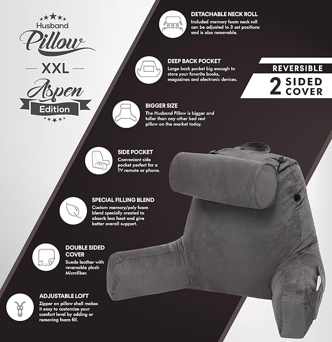 Husband Pillow XXL Aspen Edition, Adult Reading Sit Up Bed Rest Pillow for Bed with Arms & Neck Roll on Bungee Cord - Premium Memory Foam - Reversible 2 Sided Cover Micro Suede or Plush, Iron Grey