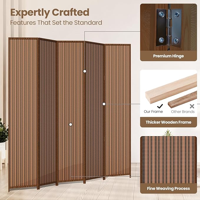 5 Panel Room Divider and Extra Wide Folding Privacy Screen, 79" W x 67" H, Bamboo Room Divider for Room Separation.