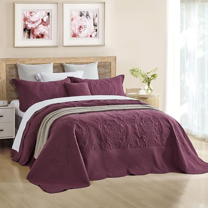 CHIXIN Oversized Bedspread Coverlet Set King Size - Lightweight Bedding Cover - Beautiful Stitching - 5 Piece Reversible Bedspread - Gorgeous Damask Paisley Pattern (King, Purple)