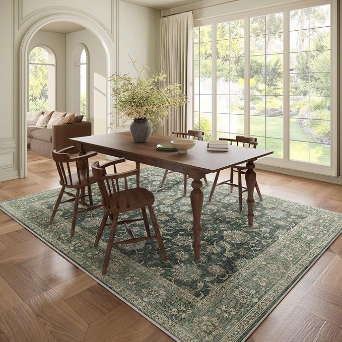 Washable 6x9 Area Rugs for Living Room, Boho Non-Slip Vintage Distress Large Rugs for Bedroom Dining Room Nursery Office, 0.3" Neutral Oriental Throw Thin Carpet, Sage Green/Blue/Multi