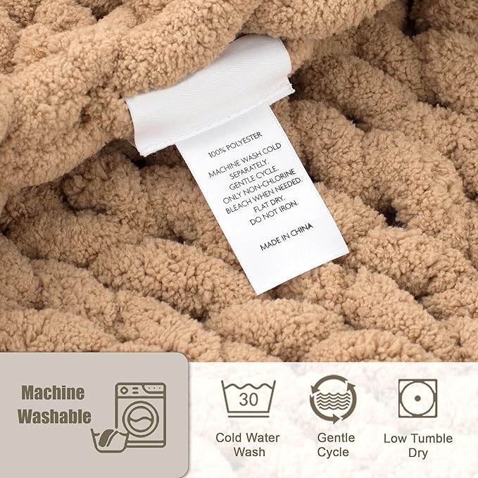 Chunky Knit Throw Blanket 50"X 60", 100% Handmade with Soft Chenille Yarn, 4.4lbs Thick Cable Knitted Blankets, Large Rope Knot Crochet Throws for Couch Sofa Bed Home Decor, Tan Brown