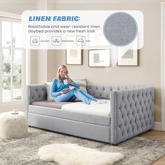 Daybed with Trundle, Modern Upholstered Full Size Day Bed Button-Tufted Sofa Daybed Frame with A Roll-Out Trundle, No Box Spring Needed, Furniture for Bedroom Living Room Guest Room (Light Grey, Full)