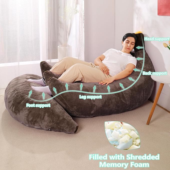 Banana Bean Bag Chair with Ottoman, Floor Sofa Bed with Footrest, Comfy Convertible Lounger for Adults, Plush Couch for Bedroom, Living Room or Dorm, L-Coffee