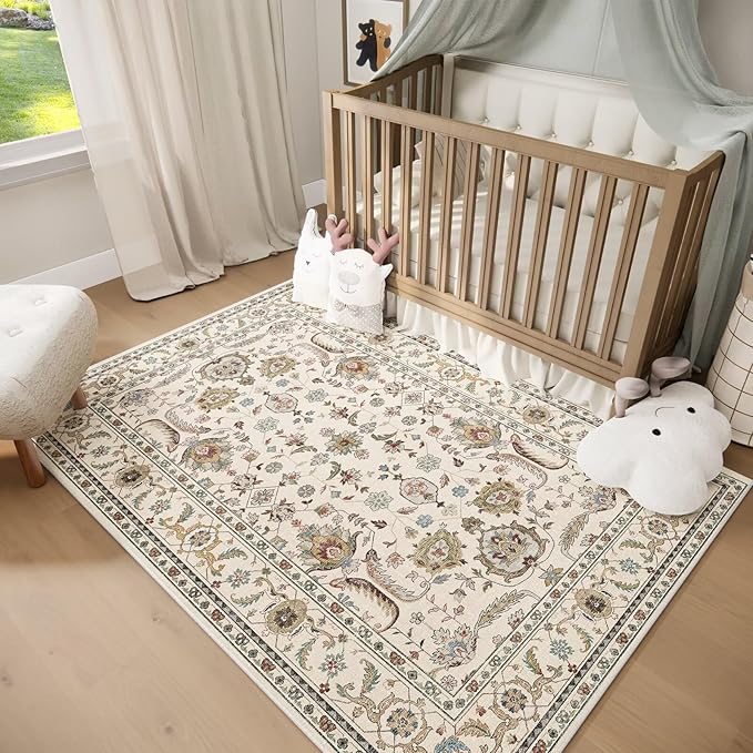 Washable 3x5 Entryway Rug, Boho Non-Slip Vintage Distress Small Rugs for Kitchen Nursery Office Bedroom, 0.3" Neutral Oriental Throw Thin Carpet with Cushioning Pad, Beige/Rust/Green/Multi