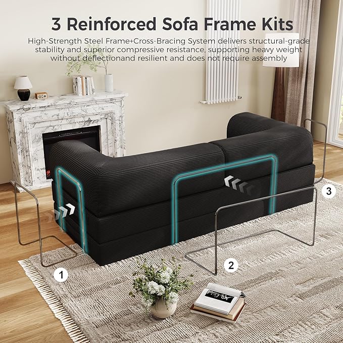 5-in-1 Folding Convertible Sofa Bed with L-Shaped Cylindrical Pillow, Corduroy Boneless Couch, Pull Out Bed, Floor Sofa Modular Futon Couch for Living Room Bedroom Lounge - No Assembly Needed in