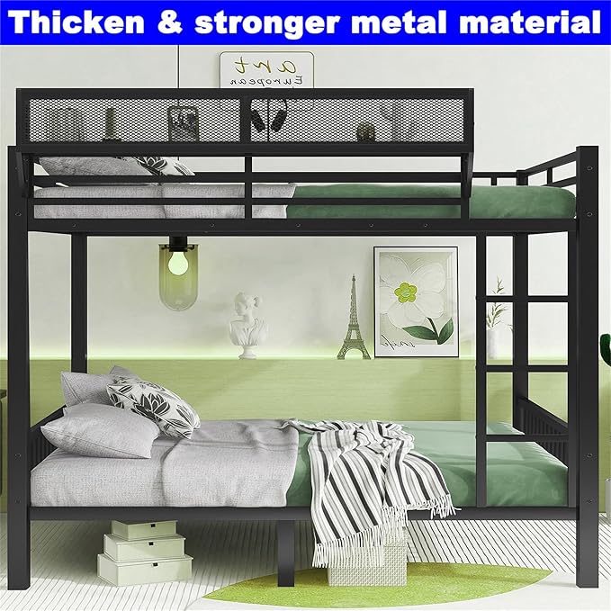 Upgraded Version Thicken Metal Heavy-Duty Queen Over Queen Bunk Bed with Storage Shelf, Best Modern Style Stronger Queen Size Bunk Bed with Ladder for Adults, Easy Assembly (Queen+Storage Shelf)