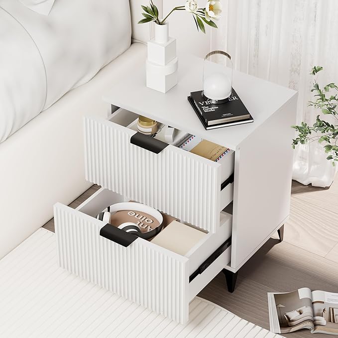 Royal Windsor Small Fluted Nightstand Set of 2 with 2 Drawers, Side End Table, Small Accent Storage Cabinet,Modern Night Stand Bedside Table for Bedroom Full Size Bed,White