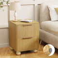Fluted Nightstand, Natural Oak Finish Bedside Table with Spacious Storage Drawers, Night Stand with Solid Wood Round Legs for Bedroom, End Table, Side Table