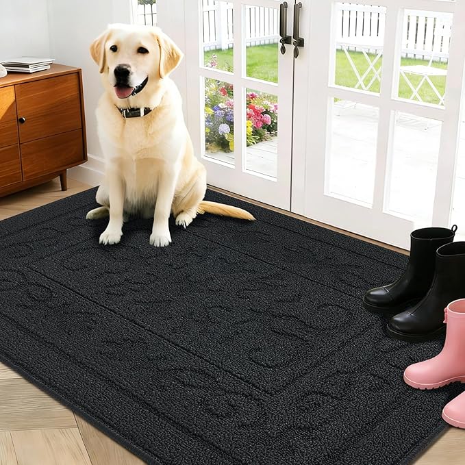 FONEYI Indoor Door Mat, Front Back Door Mat 32" x 40" Non-Slip Rubber Backing Door Rug, Machine Washable Entry Rug, Low Profile Absorbent Dirt Trapper Doormat Inside Floor Mats for Entryway, Black