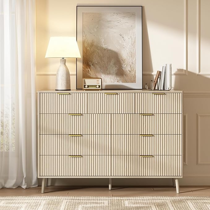CARPETNAL Fluted 9 Drawer Dresser for Bedroom, 55" Wide Wooden Chest of Drawers with Rounded Corners, Gold Handles, Modern Storage Organizer for Bedroom, Hallway (Beige)