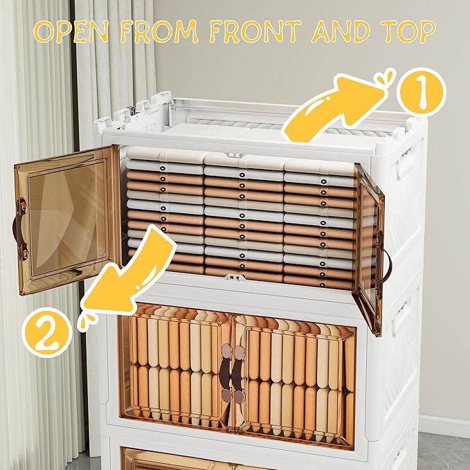 Storage Bins with Lids and Wheels, 660QT-165QT*4Tier Collapsible Bathroom Storage Cabinet with Clear Doors, Plastic Stackable Closet Organizers and Containers White