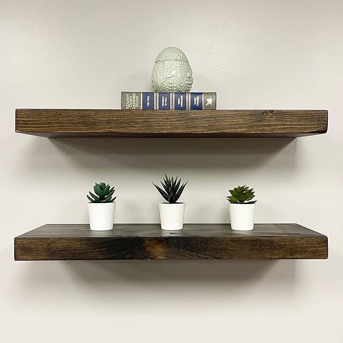 URBANDI, Rustic Floating Shelves, Set of 2, Hidden Bracket, Solid Wood, Heavy Duty, Wall Mounted Shelves, (Dark Brown, 48Wx8D)