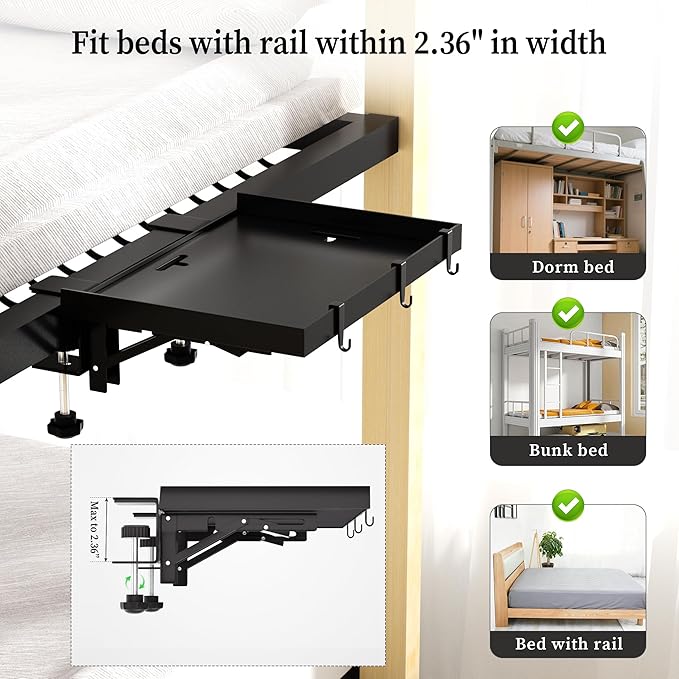Foldable Bedside Shelf, Metal Clip-On Bed Tray Table for Bunk Bed & Dorm Beds, Dorm Room Essentials Organizer for College Students, Floating Tray, Space Saving Nightstand for Loft Beds (Black, Small)