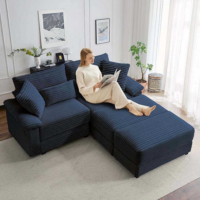 SUNWAVE 74" Double Chaise Lounge Chair Indoor, Loveseat with Storage Ottoman, Corduroy Small Couch with USB Charging, Removeable Ottoman, and Coffee Table Cushions for Living Room