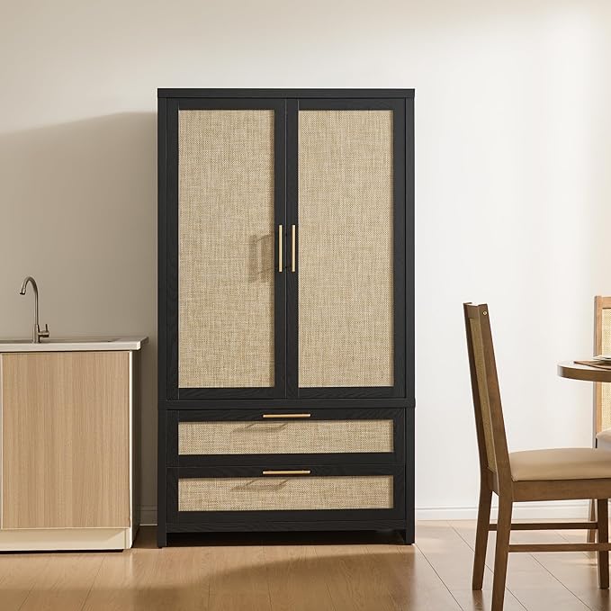 SICOTAS Larger Armoire Wardrobe Closet, 71" Tall Rattan Wardrobe Closet Cabinet with Storage and 2 Drawers, Boho Armoire Clothes Organizer with Hanging Rod for Bedroom, Black Oak (2 PCS)
