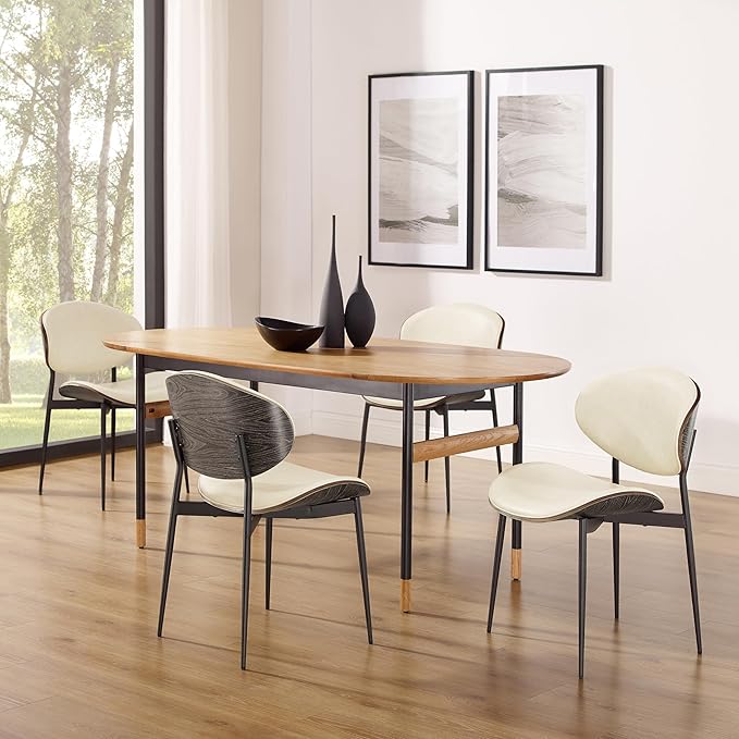 Art Leon Dining Chairs Set of 4, Black Oak Bentwood, Mid Century Modern Chair, Off White Faux Leather Kitchen Dining Room Chairs with Black Metal Legs, Accent Chairs for Bedroom