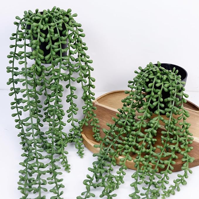 Artificial Hanging Plants for Shelf, 2-Pack Fake Potted Greenery Faux String of Pearls in Black Pot, Décor for Office Living Room Bathroom Indoor Outdoor