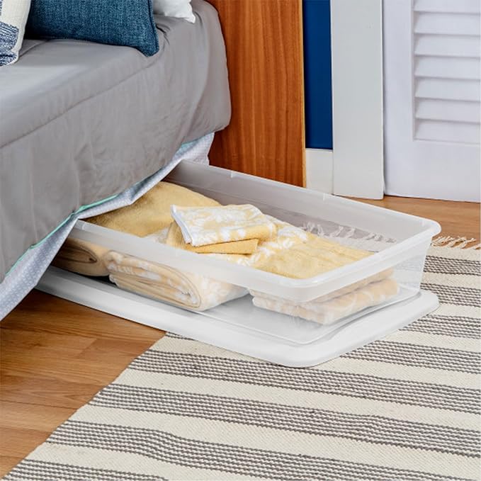 Sterilite 18 Pack Storage Box, 41 Quart Stackable Tote, Clear Plastic Container with Secure Snapping Lids for Home and Office Organization, White