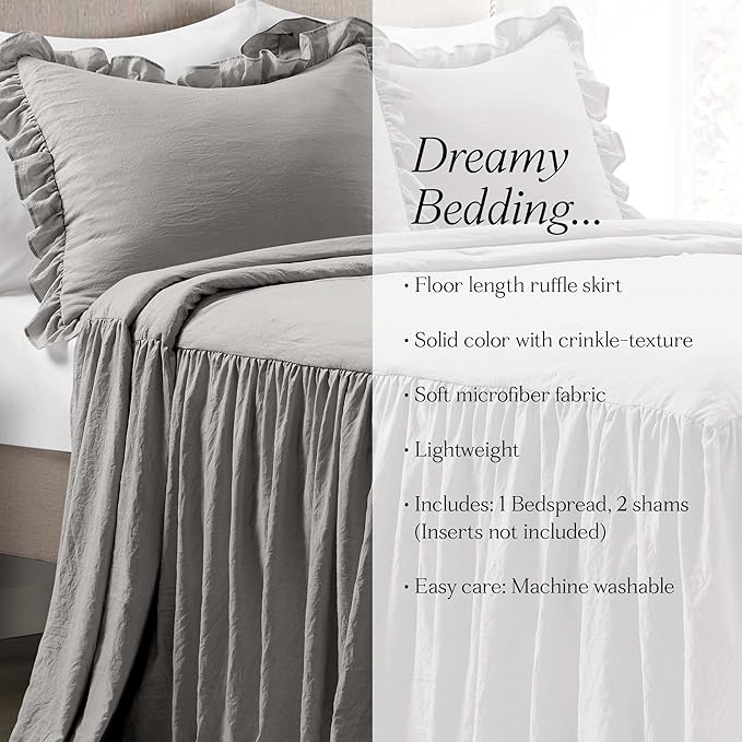 Lush Decor Ruffle Skirt Bedspread Set - 3-Piece Luxurious Farmhouse Bedding - Elegant Ruffle Detail - Timeless Style - Soft Lightweight Sheets - King, Dark Gray