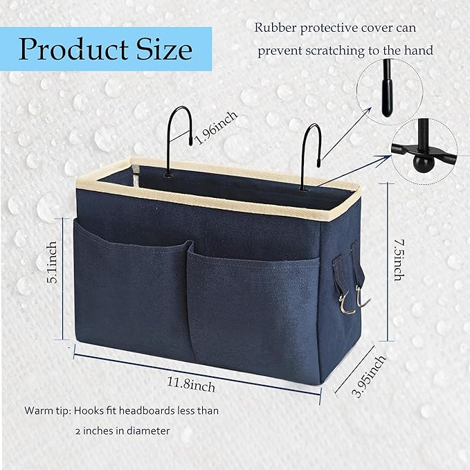 Someteth Bedside Caddy Bedside Hanging Storage Basket Multi-Function Organizer Caddy for Bunk and Hospital Beds Dorm Rooms Bed Rails, Can be Placed Glasses Books Mobile Phones（2pc Navy Blue）