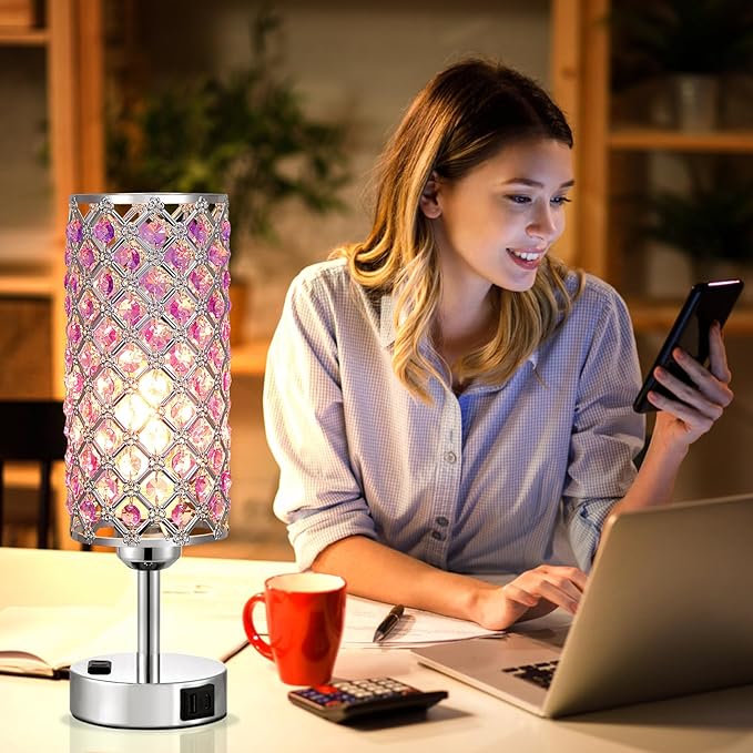 Hong-in Crystal Lamps Set of 2, 3 Way Dimmable Touch Lamp with Crystal Shade, Bedside Nightstand Lamps for Living Room Bedroom Home Office(Purple)