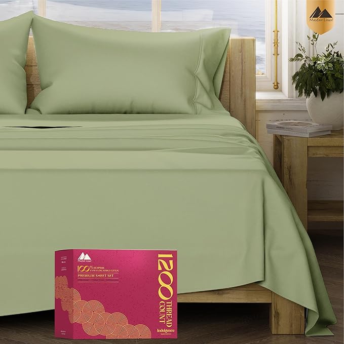 Mayfair Linen 100% Egyptian Cotton Queen Sheet set - Luxury 1200 High Thread Count Egyptian Cotton Sheets Queen Size (4 PC, Sage Green), Silky Soft, Cooling, 17" Deep Pocket Sateen Weave Hotel Bedding