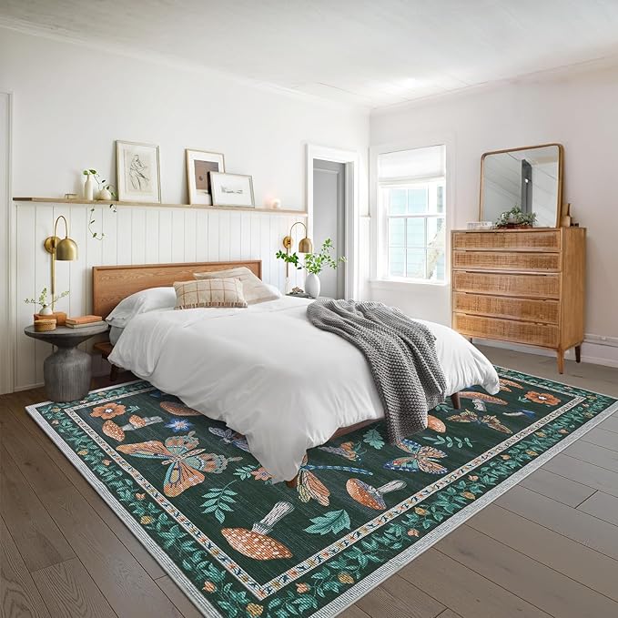 Mushroom 8 X 10 Rug for Living Room Non Slip Washable 8x10 Rug for Bedroom with Rubber Back Soft Low-Pile Stain Resistant Foldable Large Carpet for Office Nursery Dining Room Black