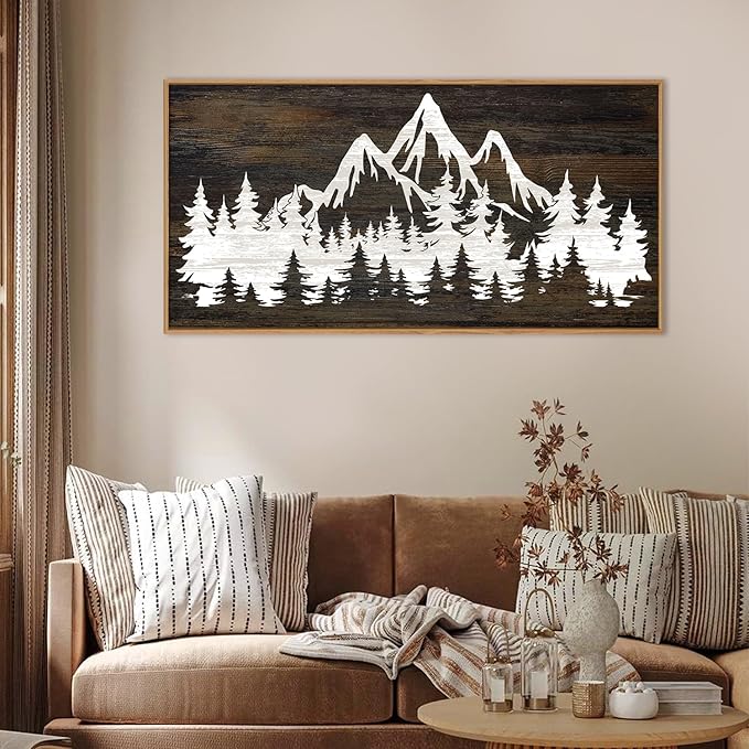 LHIUEM Large Mountain Tree Framed Canvas Wall Art,Modern White Forest Art Prints,Abstract Country Woodcut Wood Wall Decor,Farmhouse Zen Artwork for Living Room Bedroom Office-20''x40''