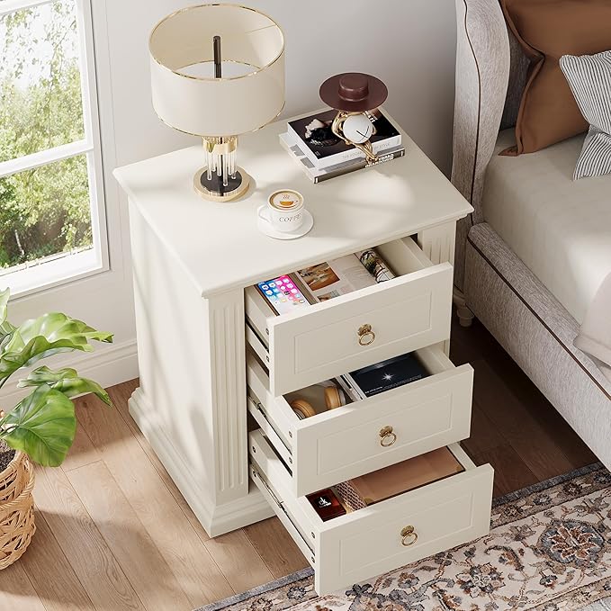 Tribesigns 3-Drawer Nightstand Set of 2, Modern Bedside Table with Storage Drawers, Wood Night Stand Side End Table for Bedroom, Beige