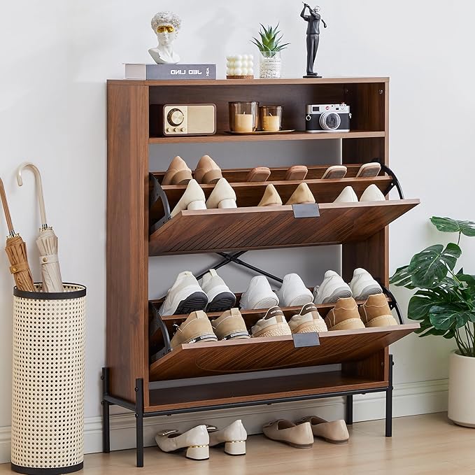 47" Fluted Large Shoe Cabinet with 4 Flip Drawers, Slim Freestanding Shoe Cabinet Organizer, Narrow Shoes Storage Rack for Entryway, 5 Sturdy Legs (All Walnut-2 drawers, 9.45"D x 31.5"W x 41.93"H)