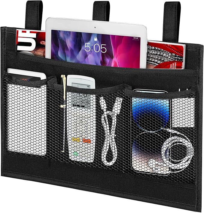 Bedside Caddy Storage Organizer, Hanging Storage Bag Pocket for Bunk/Hospital Beds,College Dorm Organizer for Remotes Phone,College Dorm,Camp,Bed Rails(4 Pockets),Black