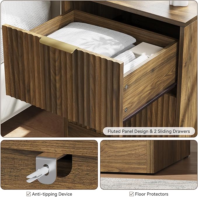 6 Drawer Dresser & Nightstand Set 3-Piece, 55” Wide Fluted Dresser and Night Stand Set of 2 with Metal Handle, Modern Wood Chest of Drawers Storage Dressers Set for Bedroom, Walnut