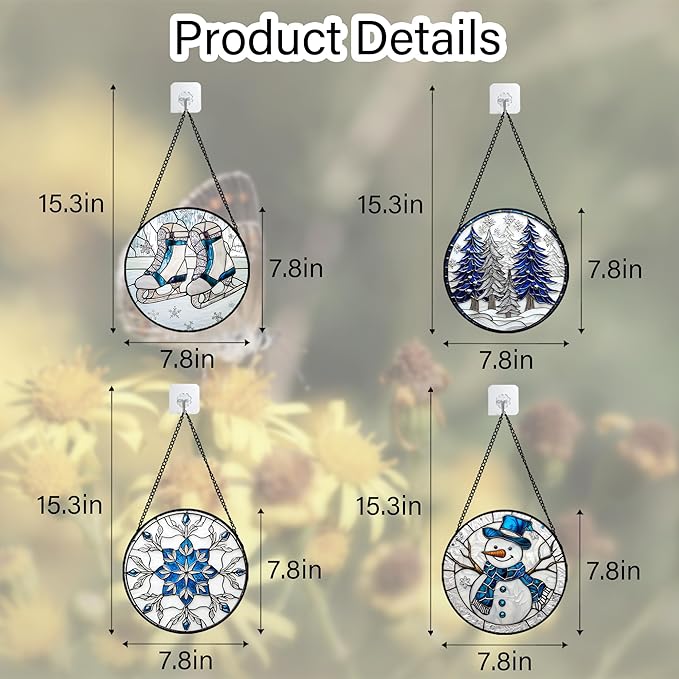 Stained Glass Window Hanging 4 Pcs Set White Winter Christmas Snow Scene 7.8" - Suncatcher Door Garden Sun Catcher Decor Birthday for Mom Woman Nana Men Friend Wife