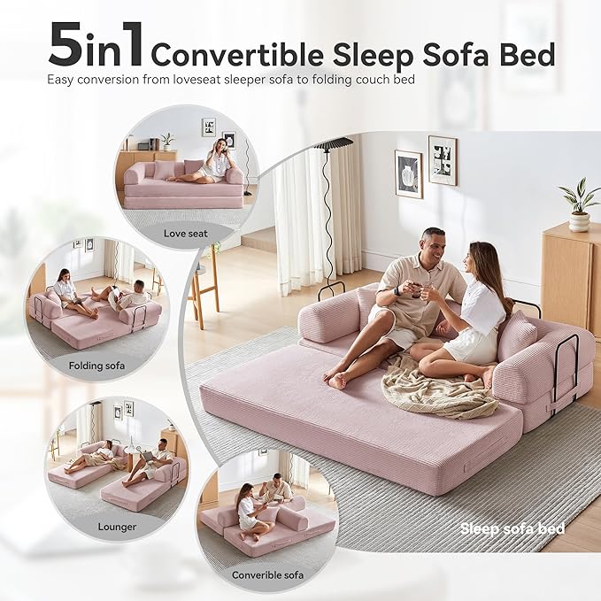 Compression Sofa, Cloud Sectional Sofa,Sofa Bed, Boneless Modular Sectional Sofa with 2 Pillow, Comfy Fluffy Couch with Futon Bed, Perfect for Living Room, Small Space
