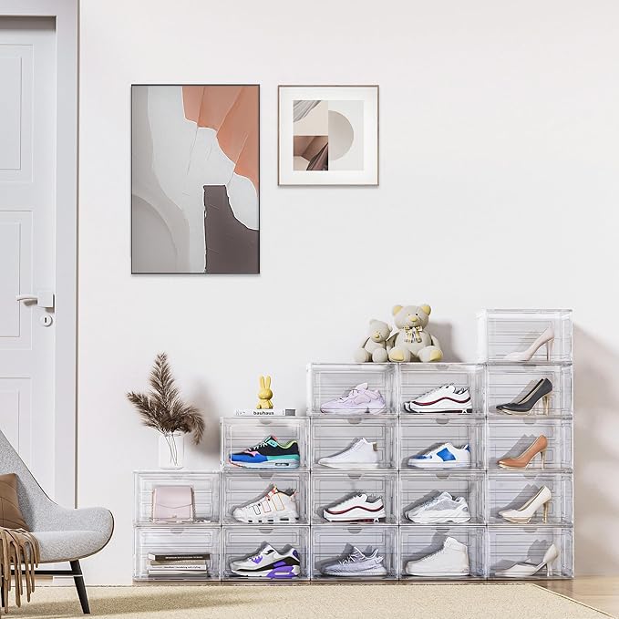 8 Pack XL Shoe Storage Box Organizer,Drop Side Large Shoe Boxes Clear Plastic Stackable Container,Magnetic Sneaker Display Case, Fit up to US 13（13.4”x 10.6”x 8.3”(8 Pack Black)