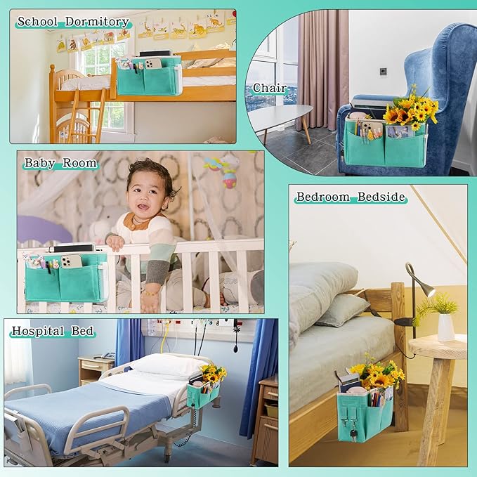 Retyion Bedside Caddy Bedside Storage Organizer Hanging Bunk Bed Dorm Room with Side Pockets for Water Bottles, Books, Cell Phones, Headphones 2 Pack (Light Blue)