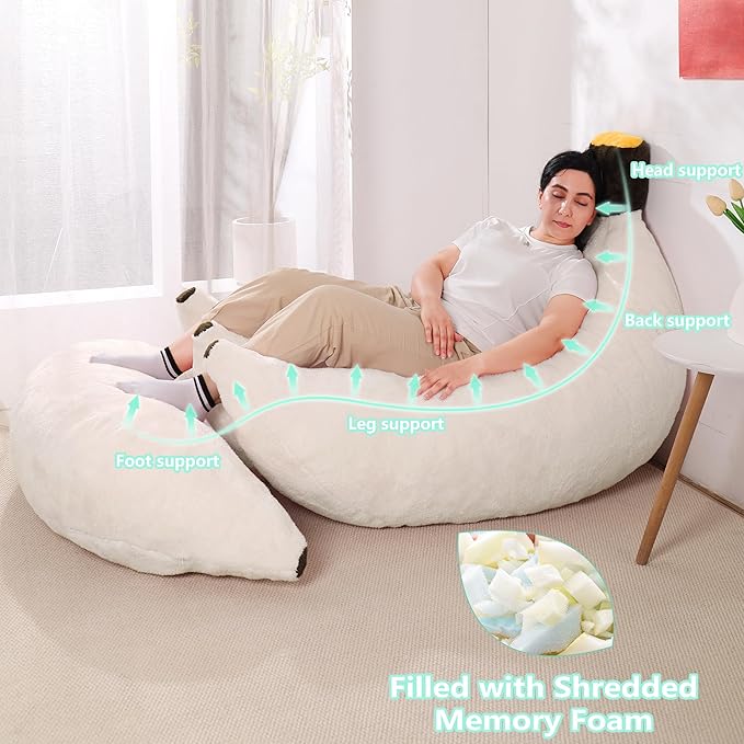 Banana Bean Bag Chair with Ottoman, Floor Sofa Bed with Footrest, Comfy Convertible Lounger for Adults, Plush Couch for Bedroom, Living Room or Dorm, L-Cream