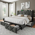 Feonase Full Size Bed Frame with 4 Storage Drawers, Upholstered Platform Bed with Charging Station, Wingback Storage Headboard, Wooden Slats Support, No Box Spring Needed, Easy Assembly, Dark Grey