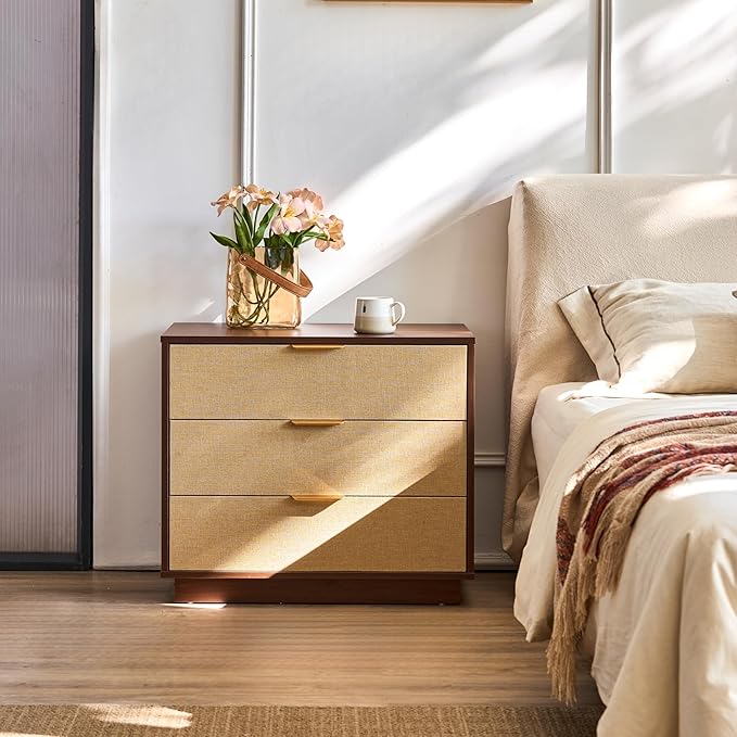 Saint Mossi Modern Nightstand with 3 Drawers, Large Rattan Night Stand, Natural Wood Bedside Table Storage Cabinet, Sofa End Tables Dresser for Living Room, Hallway, Closet, D27xW16xH23