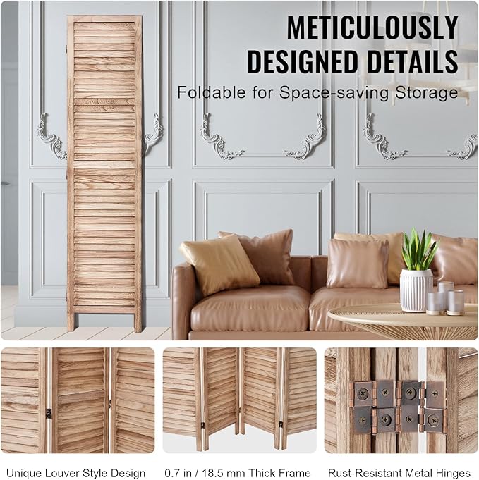 VEVOR Wood Room Divider, 8 Panel Wood Folding Privacy Screen, 66.9 Inches Tall Indoor Louvered Partition Divider, Portable Decoration Screen, for Room Separation, Home, Office, Restaurant & Bedroom