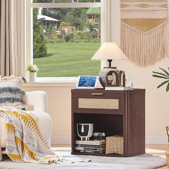 LEYAOYAO Rattan Nightstands Set of 2 with Charging Station, Walnut Night Stand with Drawer, 23" Wide Boho Bedside Table with Storage Shelf, Bed Side End Tables for Bedroom, Living Room, Hallway