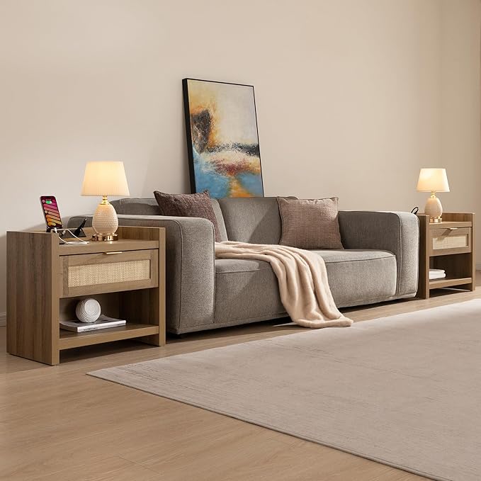 SICOTAS Night Stand Set of 2 Nightstands - Rattan Bed Side Table with Drawer Storage,Type-C Charging Station End Table - Boho Bedside Night Stands for Bedroom - Natural Oak