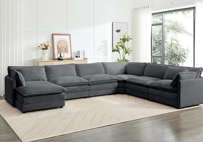 ROWHY 150'' Modular Sectional Corner Cloud Couch, 7 Seater Sofa Big Comfy Corduroy V Shaped Couch with 4 Throw Pillows, Movable Ottoman, Couches for Living Room Office Dark Grey